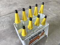 OIL BOTTLE RACK: A reproduction Shell Rimula X&nbsp;motor oil rack with a collection of 7 one-litre and 2 500ml bottles, along with yellow plastic tops and caps [Location: Sydney] - 5
