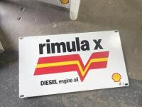 OIL BOTTLE RACK: A reproduction Shell Rimula X&nbsp;motor oil rack with a collection of 7 one-litre and 2 500ml bottles, along with yellow plastic tops and caps [Location: Sydney] - 7