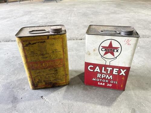 OIL CANS: A pair of one gallon oil cans, in original used condition, one branded Caltex RPM Motor Oil and the other FirezOne Oil [Location: Sydney]