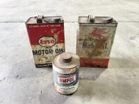 OIL CANS: A pair of one gallon oil cans, in original used condition, one branded Mobiloil and the other Esso Motor Oil plus an 1/4-gallon Ampol Liquid Degreaser tin&nbsp;[Location: Sydney]