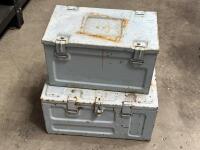 CRATES: Two metal tool/ammunition crates, the largest measures approx 26.5cm high, 52cm wide, 44cm deep