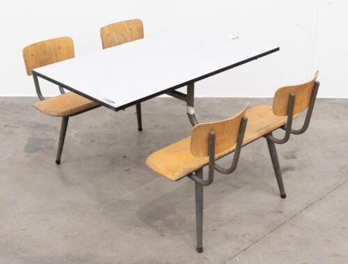 28A · CANTEEN TABLE: A four person canteen table, believed to produced by Neef Louis Design & Industrials Netherlands, measures 120cm wide, 152cm deep, 80cm high