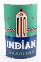 INDIAN: A reproduction, convex 'INDIAN GASOLINE' tin sign with motif, made in U.S.A; sign measures approximately 26cm wide, 46cm high
