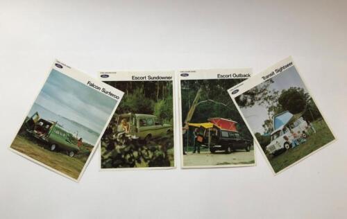 FORD LEISURE RANGE: Four Ford Leisure Range double-sided colour sales brochures. Escort, Falcon Surferoo, Transit brochures