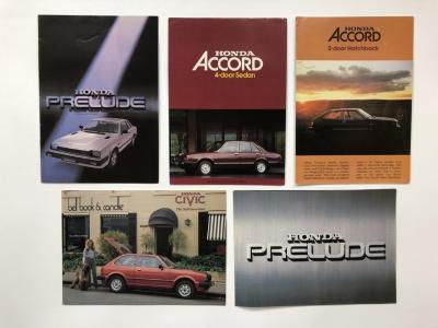 HONDA: Five Honda sales brochures. 1979 Honda Prelude sales brochure