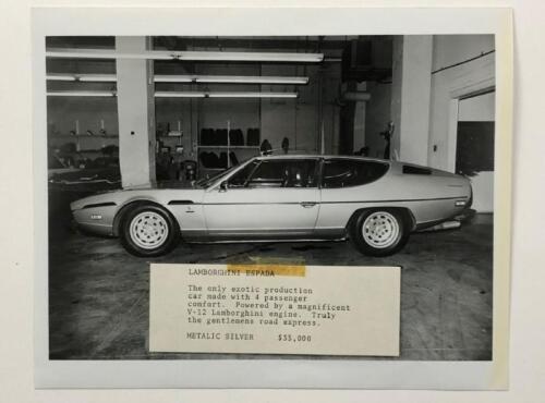 LAMBORGHINI: An interesting black and white photograph of a Lamborghini Espada
