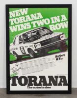 TORANA: A large rare and original circa 1974 Holden Torana poster signed by Peter Brock, 106cm high, 77cm wide overall [Location: Melbourne]