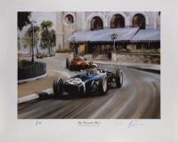 A vibrant limited edition print [587/850] by Dion Pears featuring Stirling Moss at the 1961 Monaco GP, signed by artist and Stirling Moss [Location: Melbourne]