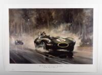 A limited edition (209/500) print by Dion Pears, featuring Mike Hawthorn winning Le Mans 1955, 50cm high, 69.5cm wide [Location: Melbourne]