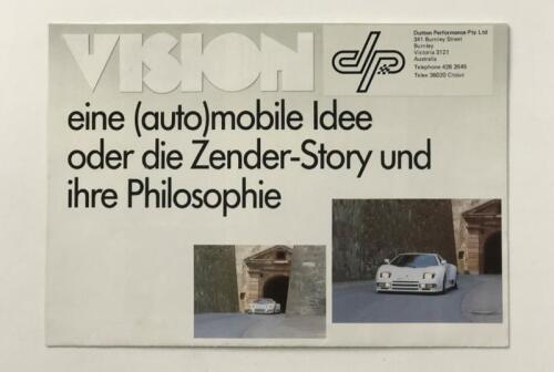 ZENDER: A fold-out Zender Vision colour sales brochure. Dutton Performance Pty Ltd sticker to front