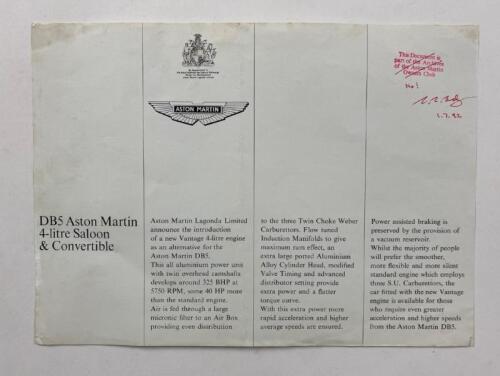 ASTON MARTIN: A double sided, A4 DB5 Aston Martin 4-litre retail price list
