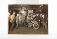 AJS: An original 1929 photograph of Cecil Weatherby sitting on an AJS after completing the Melbourne to Sydney time record attempt