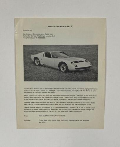 LAMBORGHINI: A Lamborghini Miura 'S' single sheet sales brochure as prepared by Lamborghini Concessionaires (Sales) Ltd, London
