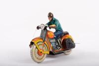 MOTORCYCLE: A c1950s USSR made wind up tin toy motorcycle with side car, 22cm long