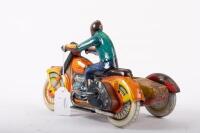 MOTORCYCLE: A c1950s USSR made wind up tin toy motorcycle with side car, 22cm long - 7