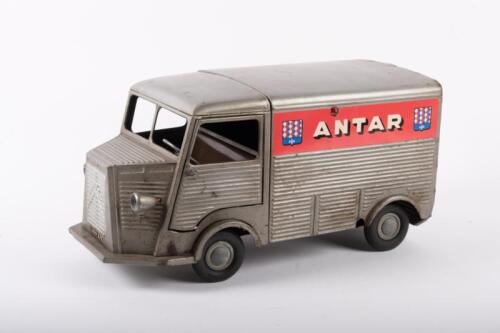 JRD TOYS: A c1950s-1960s wind up tin toy Citroen H Van by JRD (Jean Robert Delord) Toys France, with 'Antar' lubrication/oil company decals to side panels, measures 35cm long