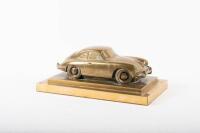 PORSCHE: A fine and rare heavy brass sculpture of Porsche 356 on a double plinth base, with etched artist signature '2001 Martin Russell', 12cm high, 28.5cm long, 16cm wide overall - 3