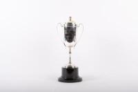 HUME WEIR: A silver plated two handled trophy on bakelite base inscribed 'Sports Car Trophy Race - Hume Weir Albury - 18.9.66 - A. Hamilton - Porsche'