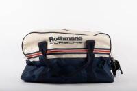 ROTHMANS PORSCHE: Alan Hamilton's circa 1980s Rothmans Porsche racing bag with attached name and address label of Alan's Balwyn home