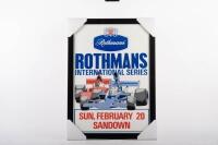 F5000: A reproduced 1970s Rothmans International Series "Sun, February 20 Sandown" advertising poster featuring F5000s, framed and glazed