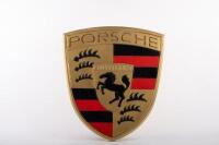 PORSCHE SHIELD: A 1980s Porsche timber showroom display shield removed from Brunos Porsche Dealership Jacksonville Florida USA