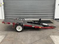 A single axle motorcycle trailer by Easy Trailers, 12x4. Measures approximately 3.5m in overall length