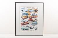 FREDD BRIGGS: A large limited edition (92/100) framed & glazed print '50 Years Porsche - Melbourne 1998' by artist Fredd Briggs depicting many different Porsche model illustrations with written information for each vehicle, signed by the artist