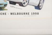 FREDD BRIGGS: A large limited edition (92/100) framed & glazed print '50 Years Porsche - Melbourne 1998' by artist Fredd Briggs depicting many different Porsche model illustrations with written information for each vehicle, signed by the artist - 3