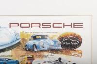 FREDD BRIGGS: A large limited edition (92/100) framed & glazed print '50 Years Porsche - Melbourne 1998' by artist Fredd Briggs depicting many different Porsche model illustrations with written information for each vehicle, signed by the artist - 4