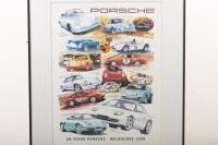 FREDD BRIGGS: A large limited edition (92/100) framed & glazed print '50 Years Porsche - Melbourne 1998' by artist Fredd Briggs depicting many different Porsche model illustrations with written information for each vehicle, signed by the artist - 5