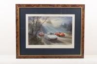 ALAN FEARNLEY: A limited edition (381/911) framed & glazed print 'Porsche Pedigree' depicting three different Porsche 911 models - 'To Commemorate the 25th Anniversary of the Porsche 911 - 12th September 1963-12 September 1988', signed by the artist