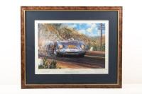 CARRERA PORSCHE: A large limited edition print (10/500) by Nicholas Watts titled 'Carrera Porsche', signed in pencil by Huschke von Hanstein, Hanns Herrmann and the artist: framed and glazed