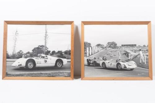 ALAN HAMILTON / PORSCHE 906: Two large framed black & white photographs of Alan Hamilton driving his Porsche 906 Spyder, both signed by well known motoring photographer Peter R. A'bbs