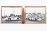 ALAN HAMILTON / PORSCHE 906: Two large framed black & white photographs of Alan Hamilton driving his Porsche 906 Spyder, both signed by well known motoring photographer Peter R. A'bbs