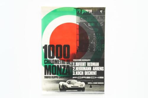 PORSCHE POSTER: A large original 1969 printed Porsche poster promoting the 1, 2, 3 finish at the 1969 Monza 1000km race for Porsche with Porsche 908 photo at bottom