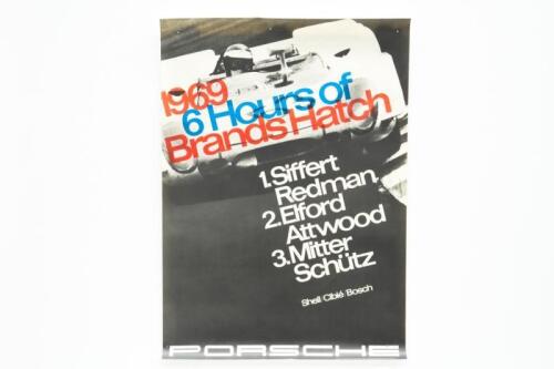 PORSCHE POSTER: A large original 1969 printed Porsche poster celebrating the 1-2-3 finish for Porsche at the 1969 Brands Hatch 6 Hour race