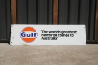 GULF: A rare double sided original Australian Gulf advertising sign 'The worlds' greatest motor oil comes to Australia' 20.5cm high, 71cm wide&nbsp;