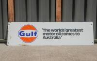 GULF: A rare double sided original Australian Gulf advertising sign 'The worlds' greatest motor oil comes to Australia' 20.5cm high, 71cm wide&nbsp; - 2