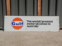 GULF: A rare double sided original Australian Gulf advertising sign 'The worlds' greatest motor oil comes to Australia' 20.5cm high, 71cm wide&nbsp; - 4