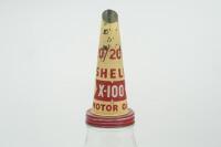 SHELL: An original one imperial pint glass oil bottle with original Shell X-100 '20/20 Motor Oil' tin top&nbsp; - 2