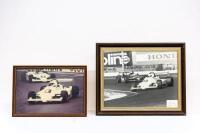 ALFREDO COSTANZO: Two large framed & glazed photographs of Alfred Costanzo driving a Tiga, one colour & one black & white, with largest photo including a personal message and signature from Alfredo to Alan Hamilton dated 1982