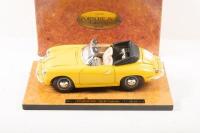 PORSCHE 356B: A Bburago 1:18 scale 1961 Porsche 356 B Cabriolet in yellow paintwork, presented fixed on block with nameplate, in original box - 2