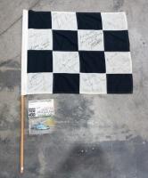 CHEQUERED FLAG: An important race used signed chequered flag from the 1976 Australian Grand Prix & ATC Hang Ten 400 race held at Sandown, signatures include Peter & Phil Brock, Colin Bond, Peter Janson, Jack Brabham, Kevin Bartlett, John Goss (winner), Jo