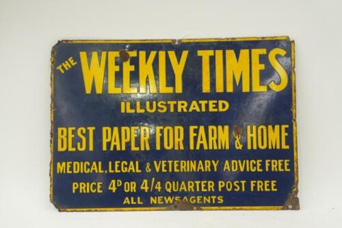 WEEKLY TIMES: An original c1950s 'The Weekly Times Illustrated' newspaper enamel sign by 'A Simpson & Son Adelaide', 35.5cm high, 50.5cm wide