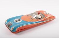 RACING CAR: A c1950s original tin toy friction powered racing car #3 by Johann Holfer Toys Western Germany, 33cm long