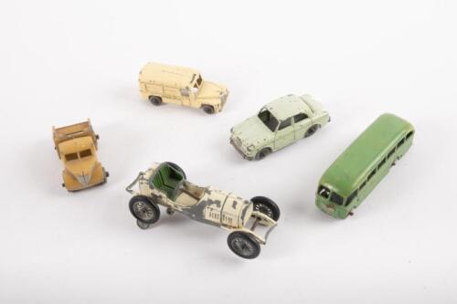 53 · MATCHBOX LESNEY: Five Matchbox Lesney models, includes a 1908 GP Mercedes, Wolsley 1500, Luxury Coach bus and two others
