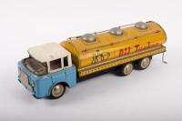 OIL TANKER: A c1970s-1980s tin plate Oil Tanker, blue cab with white roof and&nbsp;yellow tanker, 35cm long, made in China