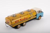 OIL TANKER: A c1970s-1980s tin plate Oil Tanker, blue cab with white roof and&nbsp;yellow tanker, 35cm long, made in China - 2
