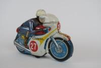 RACING: An original Japanese tin friction toy motorcyle with rider by ATC Champion 27 cms long