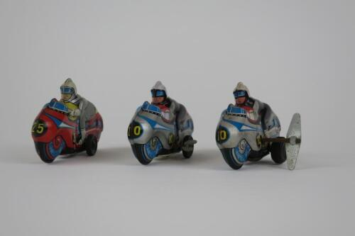 RACING: Three small racing motorcycles, 2 clockwork & one friction,made in Japan c1960s.